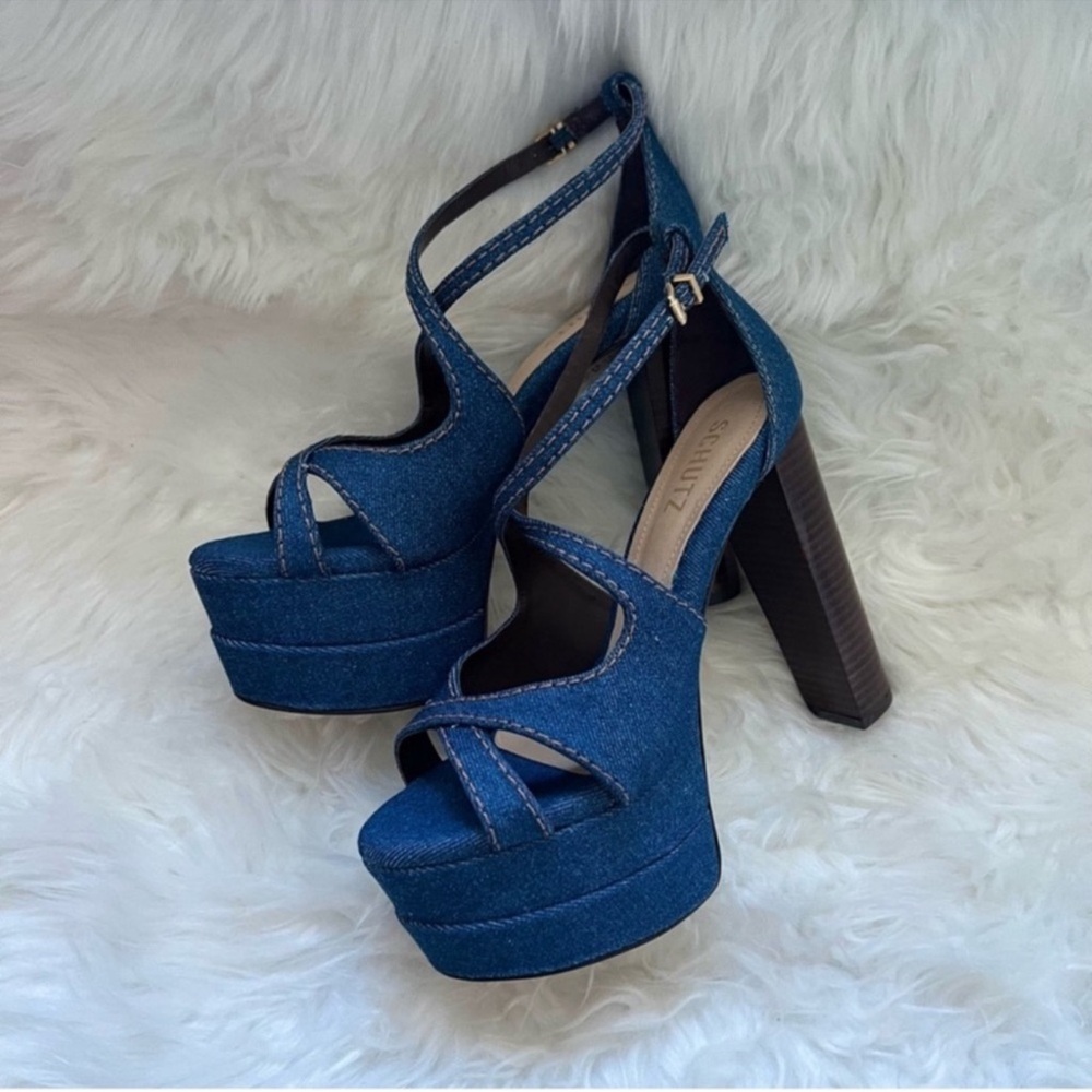 New! Schutz Latifah Denim Platform Block Heel Sandals in Blue - Picture 7 of 12